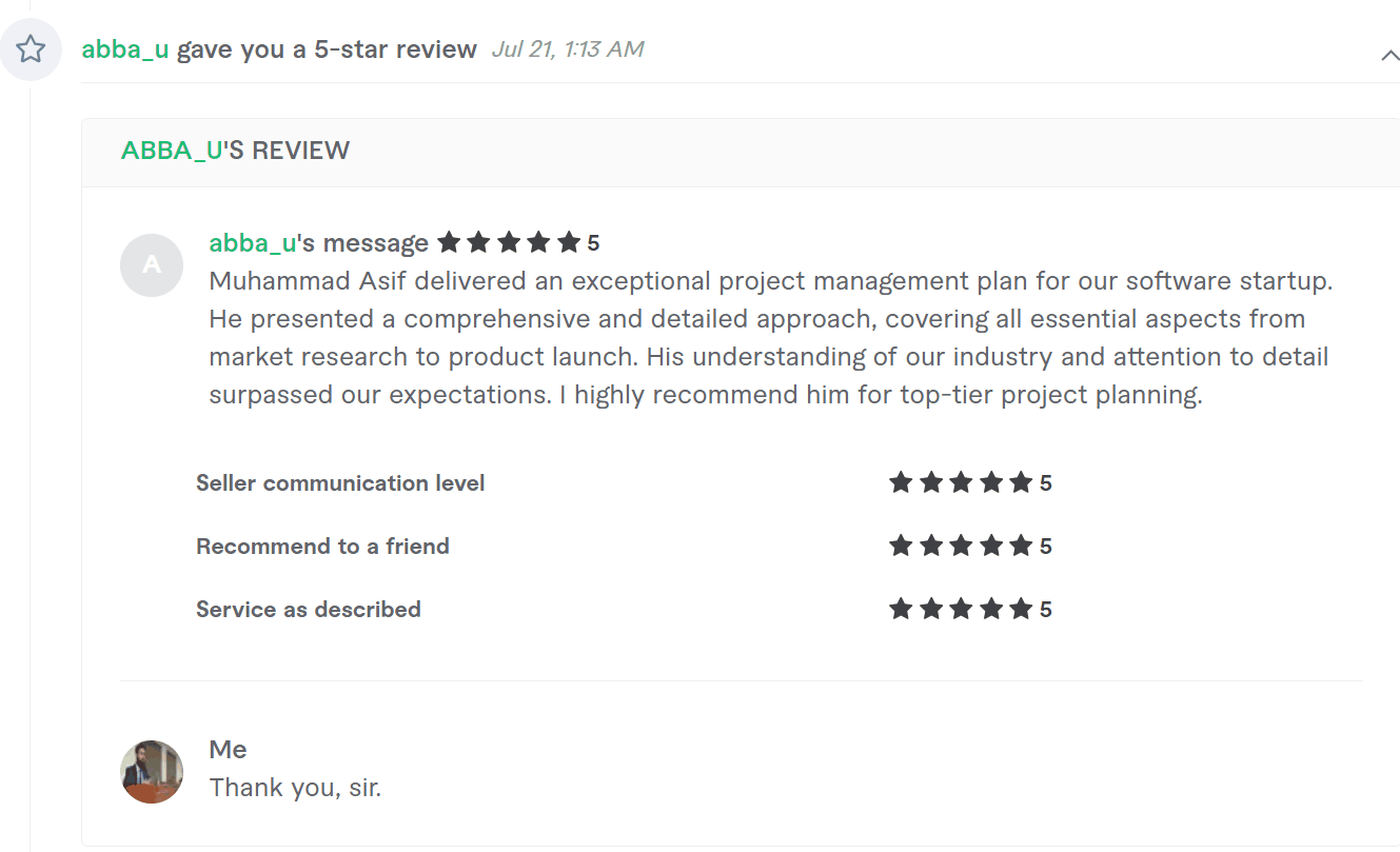 Five star review for a project management plan