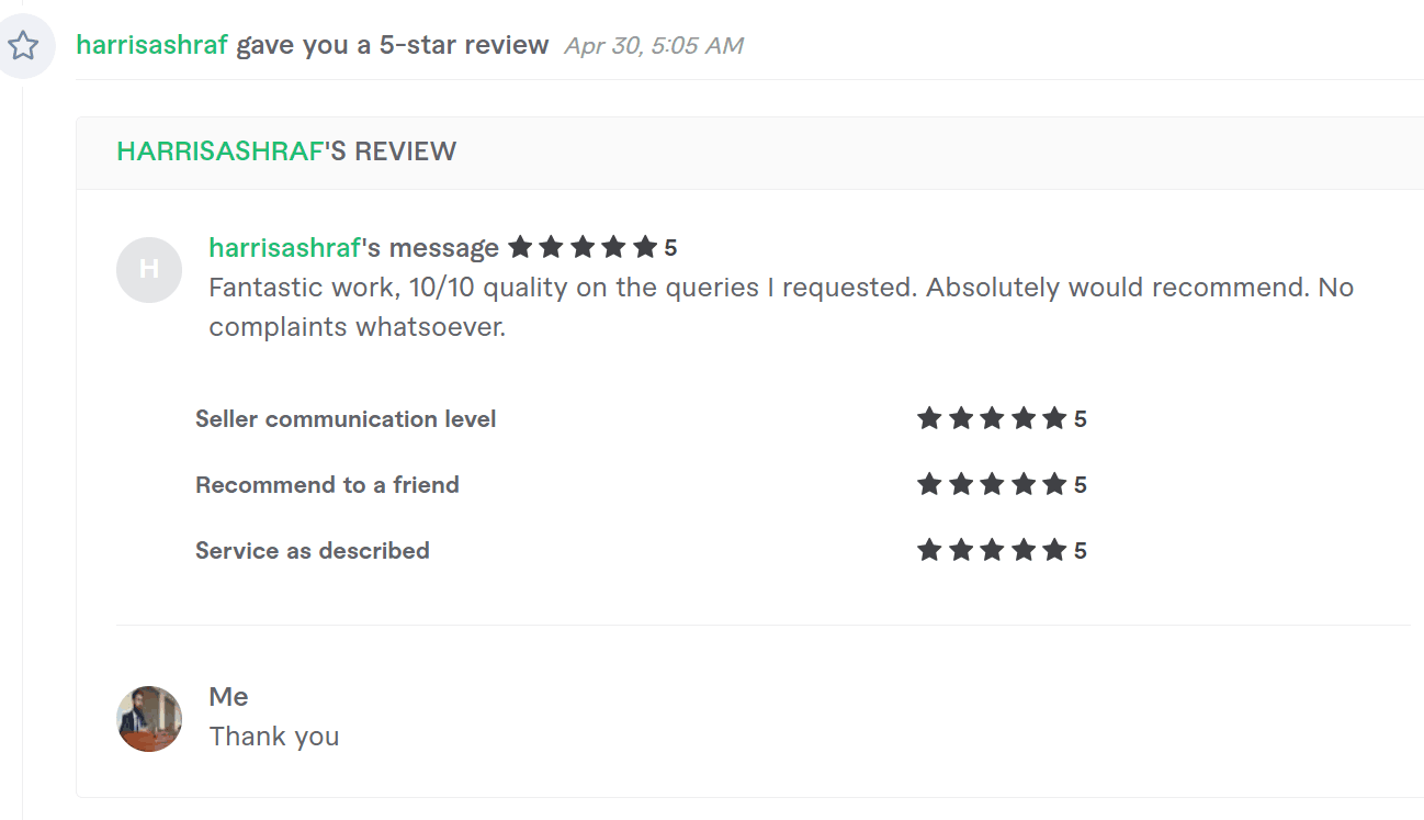 Five star review for SQL query work
