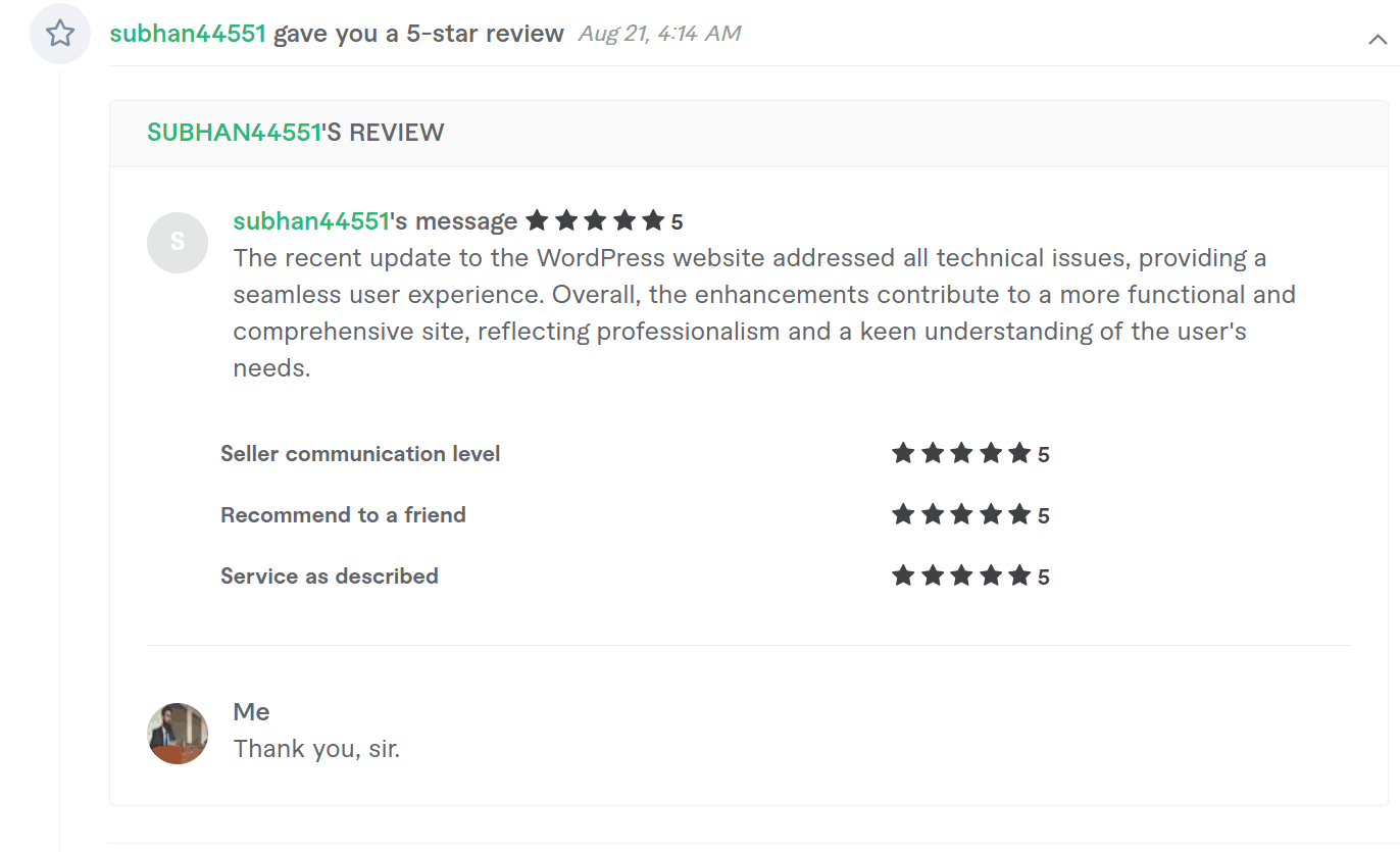 Five star review for a WordPress website update